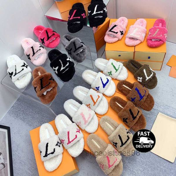 

womens slippers ladies wool slides winter fur fluffy furry warm letters sandals comfortable fuzzy inverted triangular iron sheet girl flip f, Black