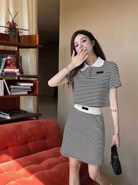 

23ss skirt set womens designer clothing monogram button polo neck striped short sleeve shirt high waist short half skirt sets womens clothin, White