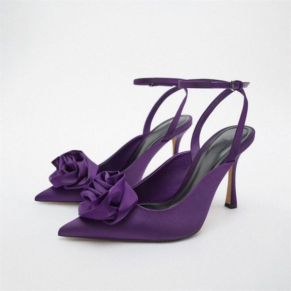 

dress shoes traf autumn flower heeled shoes for women ankle strap high heels woman purple pointed toe slingback pumps weddings bridal shoe 2, Black