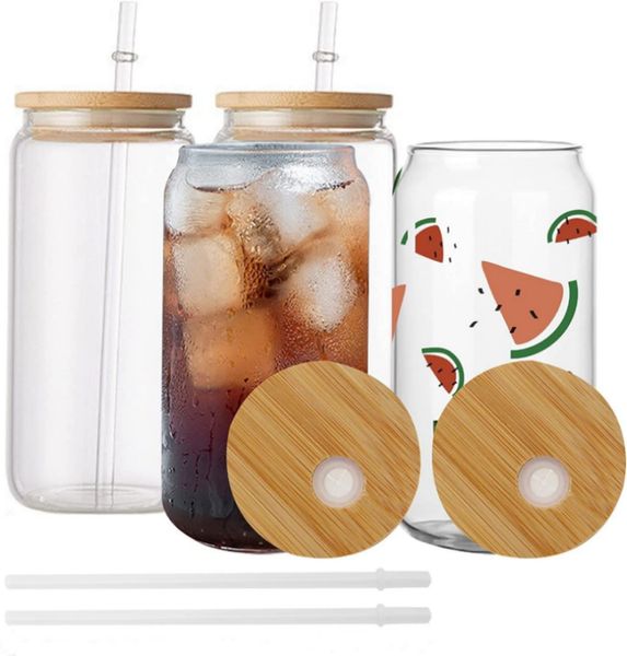 

us ca local warehouse 16oz mugs double wall sublimation glass beer can shaped cups tumbler drinking beer with bamboo lid fy5118
