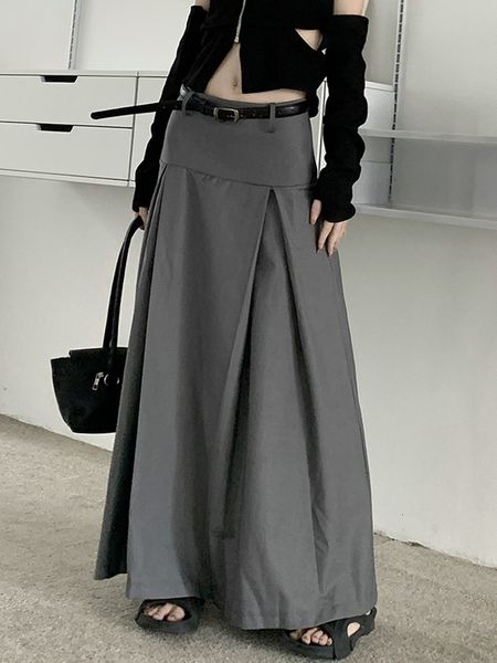 

skirts qiukichonson grey midi long skirts womens trousers skirt autumn winter goth lolita high waist asymmetrical pleated skirts 230425, Black