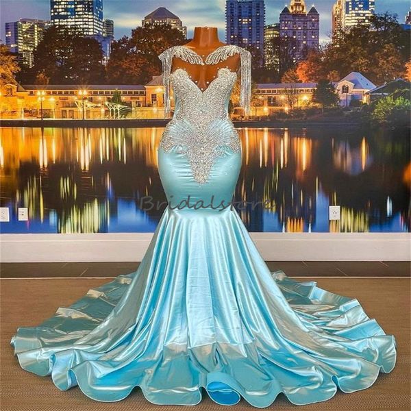 

luxury sky blue prom dress with crystal tassel mermaid black girls formal party gowns 2023 open back pageant ceremony evening dresses vestid