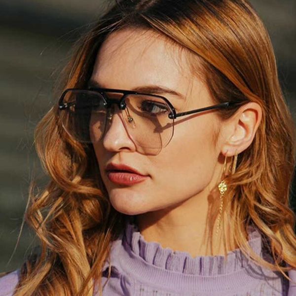 

Fashion half-frame sunglasses New Light Tea Lens Pilot Sunglasses Women Men Brand Deisgner Double Bridge Half Frame Oversized Sun Glasses Cool