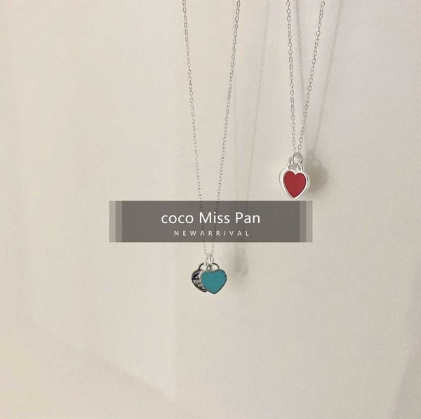 

brand s925 sterling silver tiffay double heart pendant enamel mini blue necklace female tag collar chain