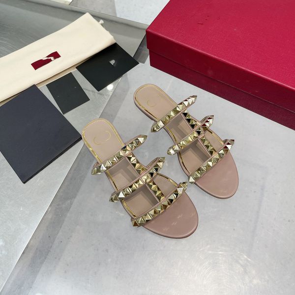 

designer beach shoes valentinoity women leather sandals fashion v rivet slippers signature style pool slides indoor outdoor woman shoes kj