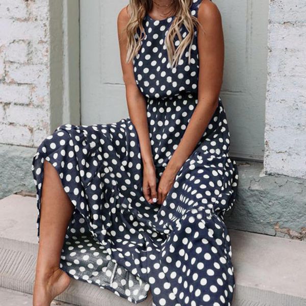 

casual dresses autumn dot dress loose fit women elegant sleeveless long dress breathable chiffon fabric for dating 230425, Black;gray