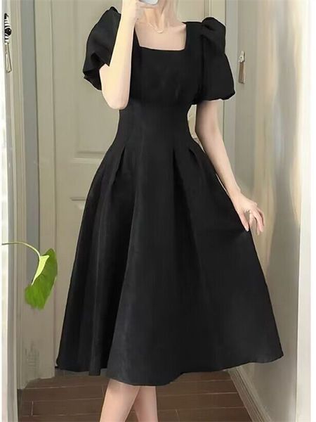 

black-and-white two-color multi-size summer new long dress with bubble sleeves slim and slim a-word women's dress/s-3xl, Black;gray