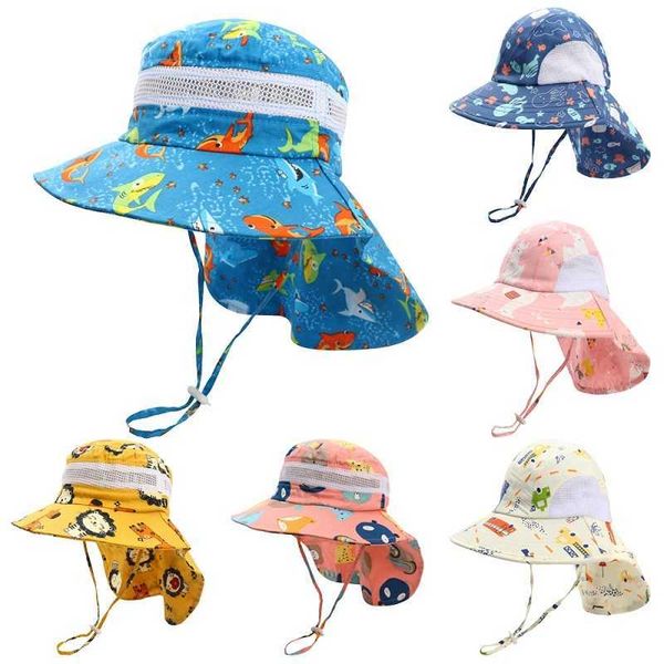 

s summer cartoon neck protective kids caps sea printing children sun breathable bucket hat bonnet for boys girls p230424, Yellow