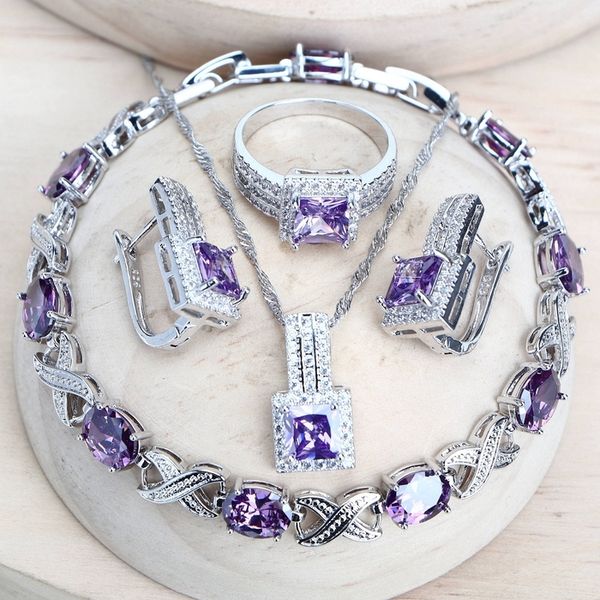 

wedding jewelry sets purple zirconia women bridal jewelry sets silver 925 fine costume jewellery wedding earrings rings bracelets pendant ne, Slivery;golden