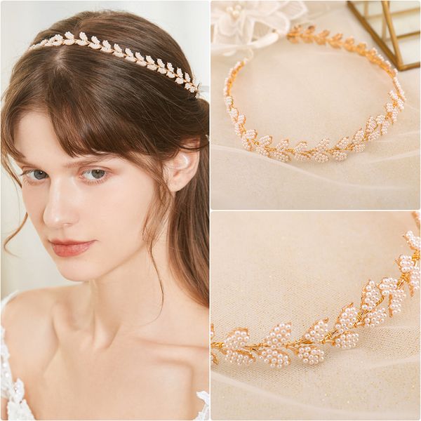 

simple bridal headband tiara wedding hair crown handmade alloy leaf pearl crown jewelry women party hair accessories, Silver