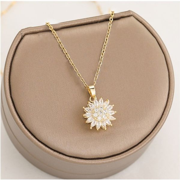 

strands strings stainless steel rotating sunflower pendant necklace for women jewelry luxury fashion zirconia choker necklaces 230424, Black