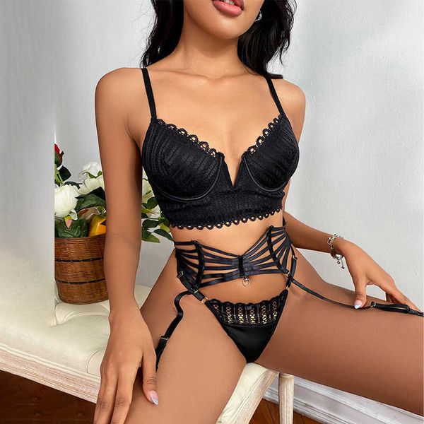 

set complex craft strap lingerie set crossshaping vneck underwear set perspective mesh erotic bra and thong split intimate j230425, Red;black
