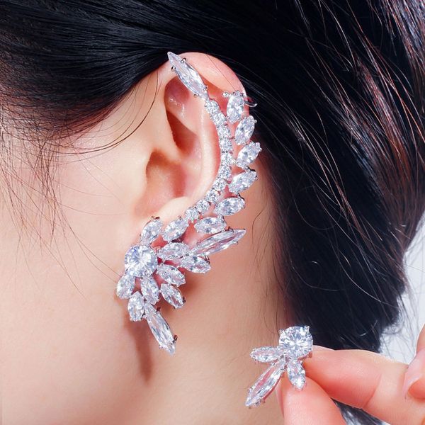 

stud cwwzircons asymmetric feather shape shiny cubic zirconia long big ear cuff stud earrings for women fashion party jewelry cz626 230425, Golden;silver