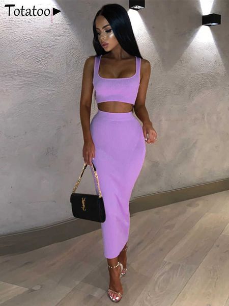 

two piece dress rib knit two piece set dress women 2022 summer neon vest crop and maxi skirt suit club party long dress j230424, White