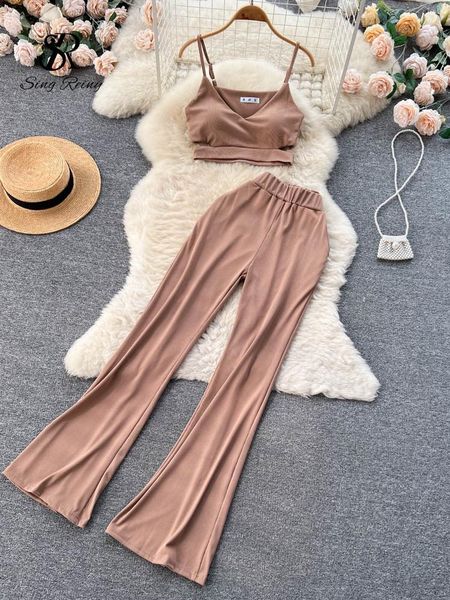 

pants singreiny strap casual suits women hollow out camisole+wide legs long pants sets american retro beach two pieces tracksuits, White