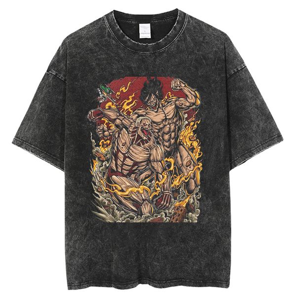 

mens tshirts anime attack on titan tshirts vintage washed t shirt harajuku oversize cotton tee fashion streetwear 230425, White;black
