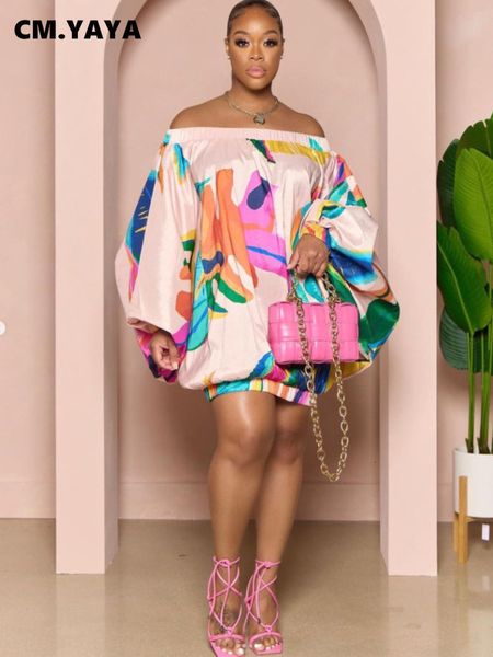 

two piece dress cm.yaya vintage women fashion stretch hem off shoulder slash neck lantern long sleeve printed ball gown smock vestidos 23425, White