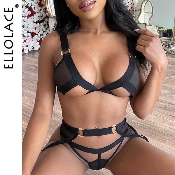 

set ellolace lace hollow out lingerie 3 piece set wireless lace erotic lingerie underwear women set sensual lingerie j230425, Red;black
