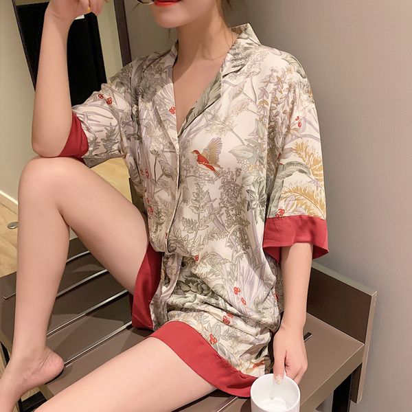

pyjamas 2-piece women's spring/summer short sleeve pajamas women's silk fashion pajamas flower and bird pattern satin pajama set 2, Red;black