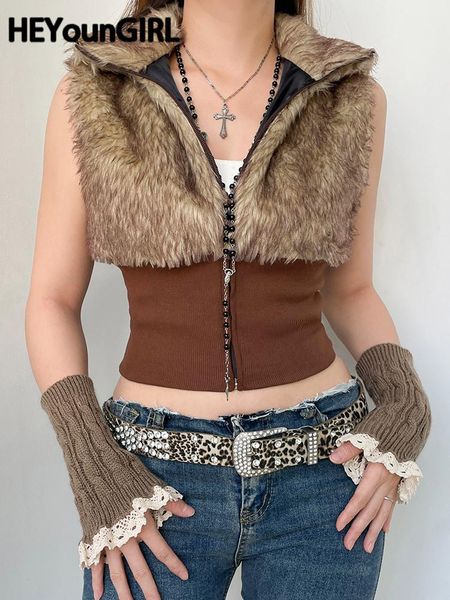 

leather heyoungirl furry patchwork zip up jacket vest y2k ladies sleeveless winter street fashion crop coat vintage casual 90s cardigan, Black