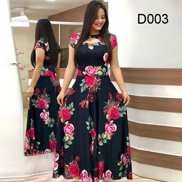 

casual dresses women short sleeve hollow out o-neck long dress summer elegant floral printed high waist elastic elegant boho robe maxi vesti, Black;gray
