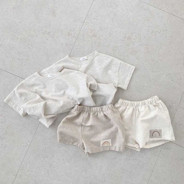 

clothing sets toddler boys striped t-shirt summer breathable cute pullover + simple rainbow cotton shorts 2pc baby girls new sweet set w042, White