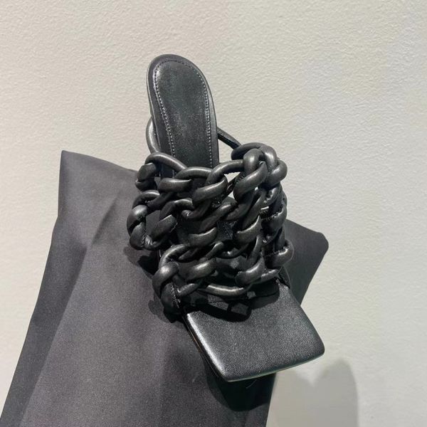 

2023 women's spring and summer european american new square-toe woven sandals fashion slim high -heeled walking shoe, Black