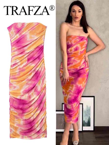 

casual dresses trafza women fashion strapless tulle tie dye print slim midi side zipper backless summer female party 230424, Black;gray
