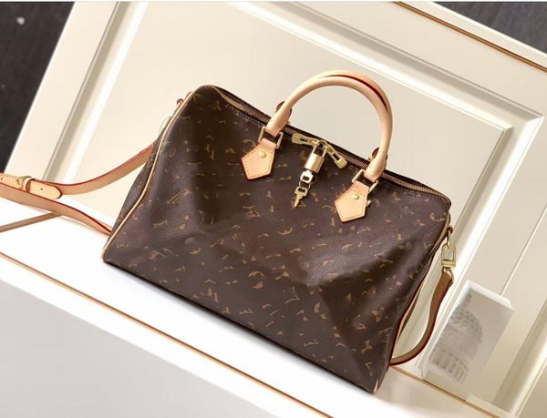 

boston handle barrel shaped bag cowhide leather trim textile lining gold hardware 3 sizes women handbag speedy 25cm 30cm large speedy 35cm 4