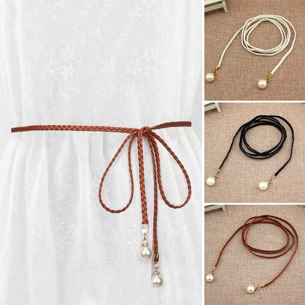 

belts elegan mutiara tipis sabuk wanita panjang kulit rami tali kepang sabuk pinggang bohemia gadis musim panas pinggang untuk gaun w0424, Black;brown