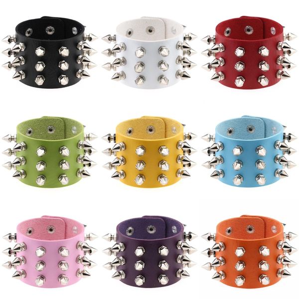 

punk bracelets jewelry three row cuspidal spikes rivet stud wide cuff leather gothic rock bangle bracelet 13 colors, Black