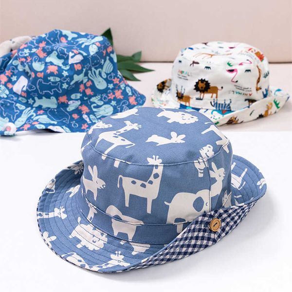 

summer baby bucket hats with adjustable strap cartoon printed children sun protection panama hat boys girls beach outdoor caps p230424, Yellow
