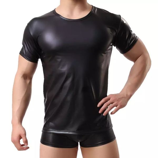 

men's body shapers mens tees matte leather short sleeve t-shirt, Black;brown