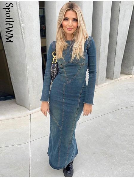 

casual dresse's spring fashion blue denim dress long sleeve slit zipper style dresses 2023 going out maxi female vestidos 230424, Black;gray