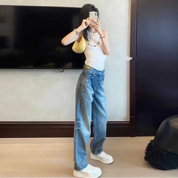 

high-version lin's arc de triomphe metal straight chain jeans women's high waist slim pants autumn and winter new, Blue