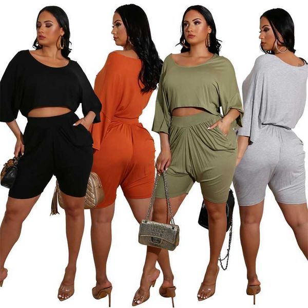 

womens designer tracksuit two piece set 2023 summer fashion solid color pleated loose split sleeve shorts leisure suits, Gray