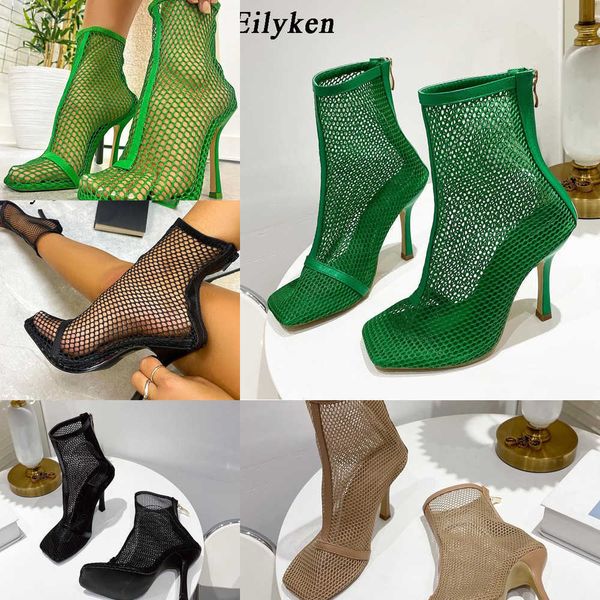 

new design green black square toe mesh stretch fabric sock boots fashion high heels sandals shoes 230306