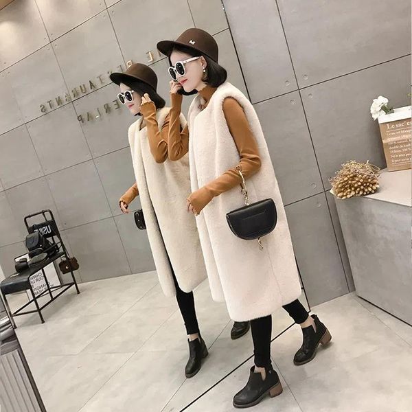 

leather autumn winter korea women vest elegant fashion vintage waistcoat faux fur sleeveless jacket midlength solid wild loose casual, Black