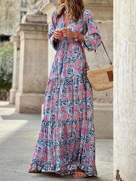

casual dresses fashion print boho dress women long dress casual v neck half sleeve retro print beach dresses elegant sundress robe femme 230, Black;gray