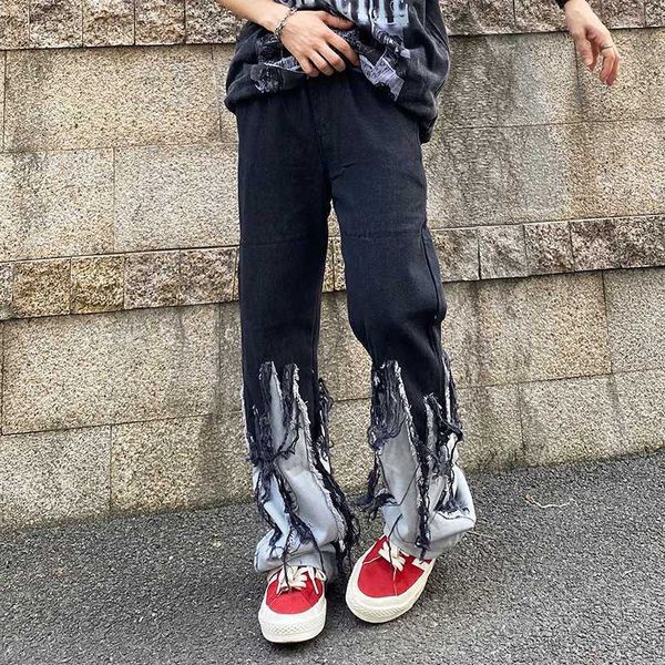 

men's jeans 2022 vibe style burrs patchwork hip hop baggy men grunge jeans pants straight punk loose women denim trousers pantalones ho, Blue