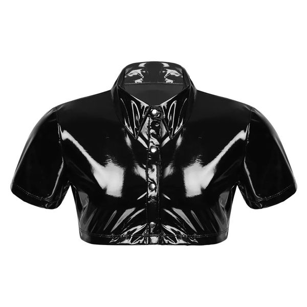 

men' tank pvc bright leather jacket slim short sleeve half leather shirt, White;black