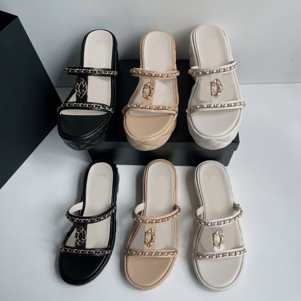 

women platform slipper wedge heels 7.5cm 3cm slippers designer sandals plaid quilted texture gold-tone metal slide leather lady summer beach, Black