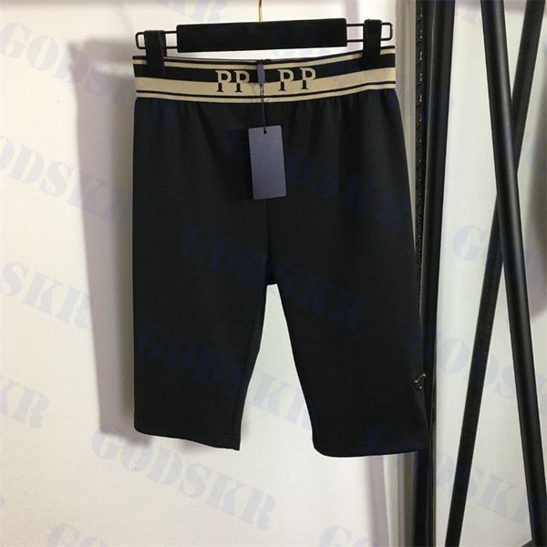 

womens yoga shorts with triangle badge letter ribbon short pant summer ladies elastic leggings, Black