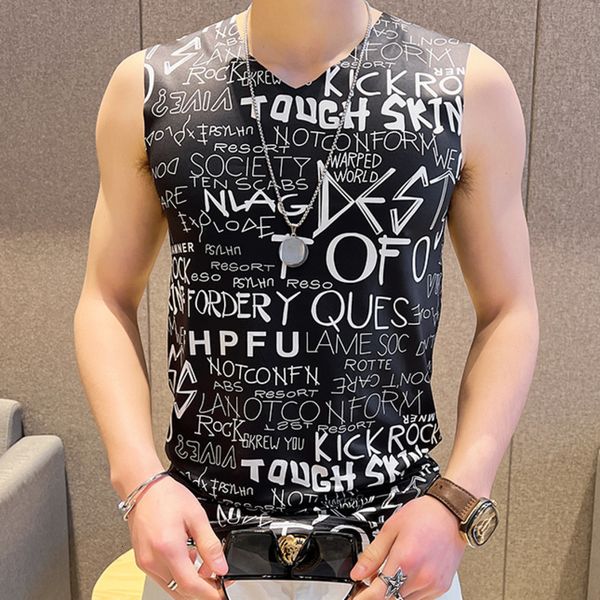 

men' tank 2023 summer full print v neck wide vest hip hop sleeveless for funny t shirts abstract 230424, White;black