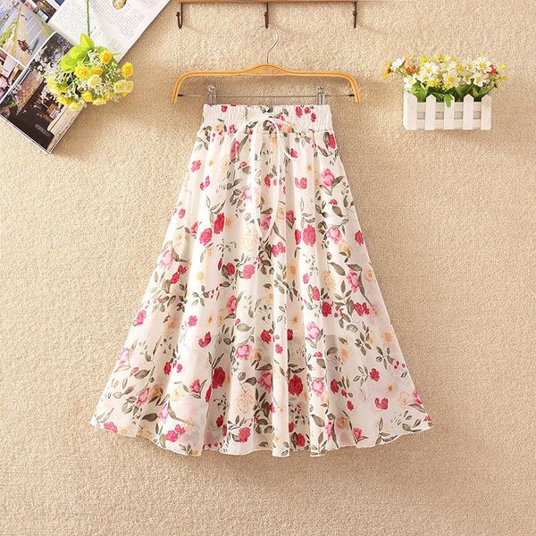 

skirts women's floral skirt high waist long summer printed chiffon skirt summer woman skirts mujer faldas saias mulher 230425, Black