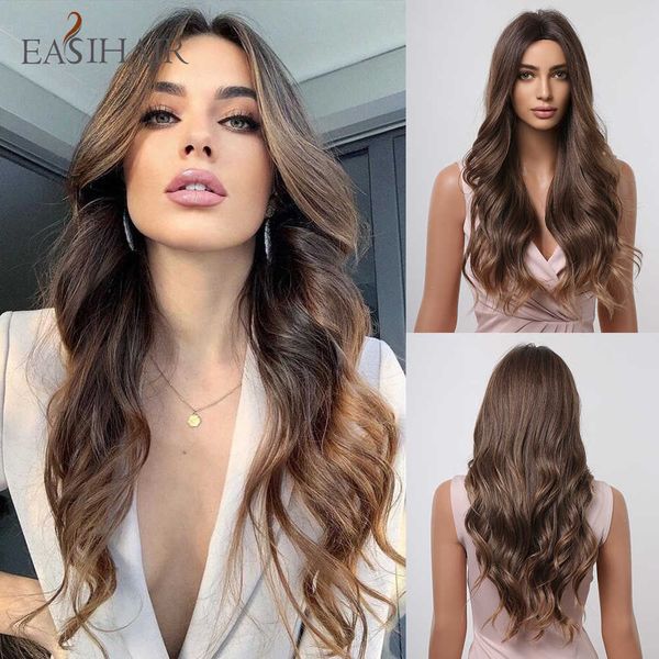 

synthetic wigs easihair long brown ombre synthetic wigs for women middle part wavy cosplay natural hair heat resistant fiber 230227, Black