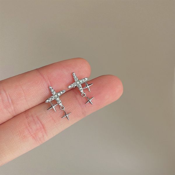 

s3628 white gold plated stars dangle earrings for women s925 silver needle zircon inlaid niche design delicate stud earrings