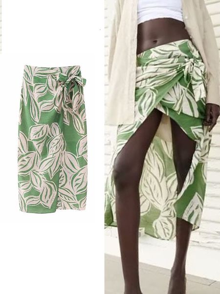 

skirts traf summer women's bow midi 2023 fashion causal side split printed midcalf elegant beach style chic 230424, Black