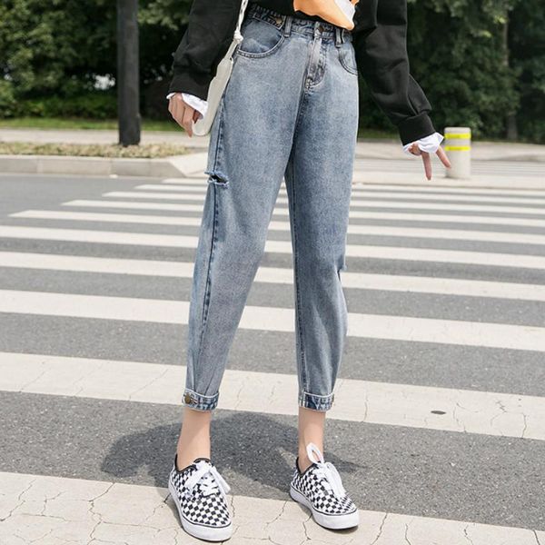 

jeans student casual allmatch clothing hip hop streetwear korean harem pants women jeans loose mid waist wide leg ankle length pants, Blue