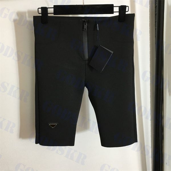 

womens zippered shorts triangle badge sport pant ladies yoga leggings summer outdoor cycling pants, Black